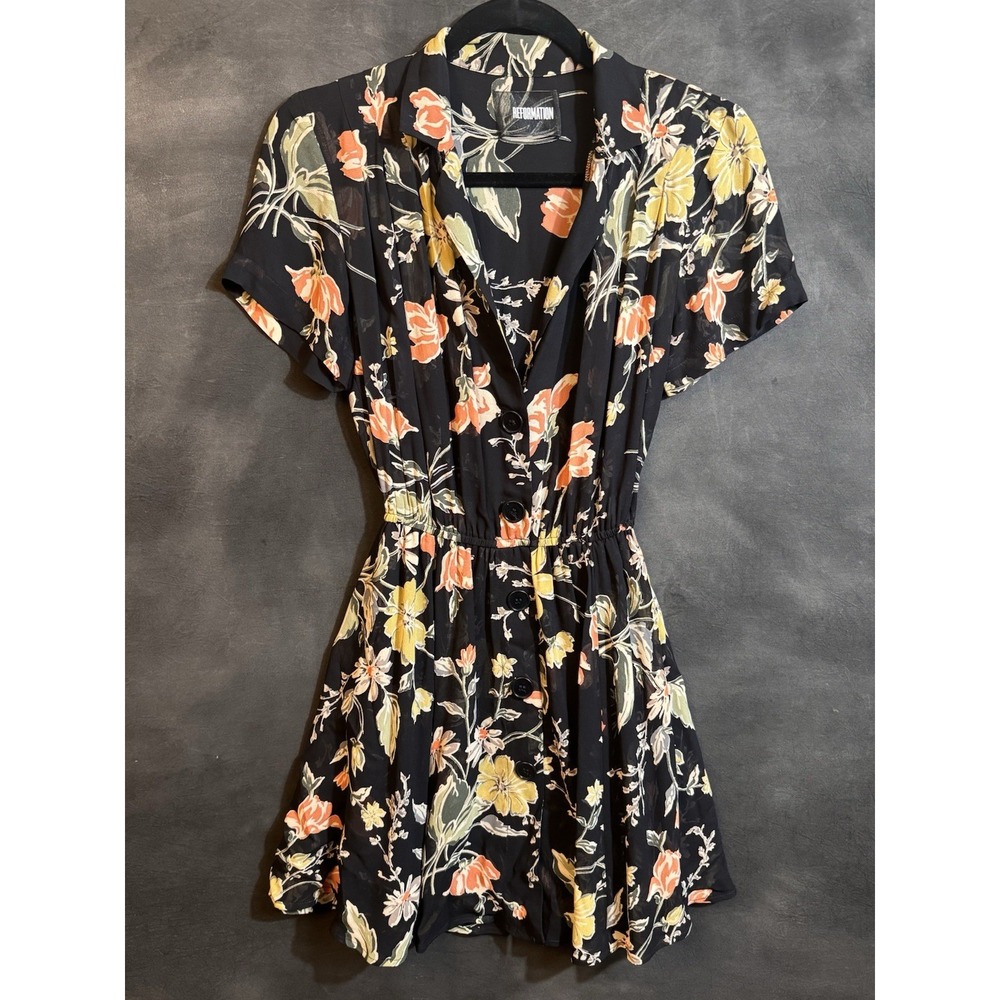 Reformation Black Floral Mini Dress Size 2 Short Sleeve Summer 100% Viscose